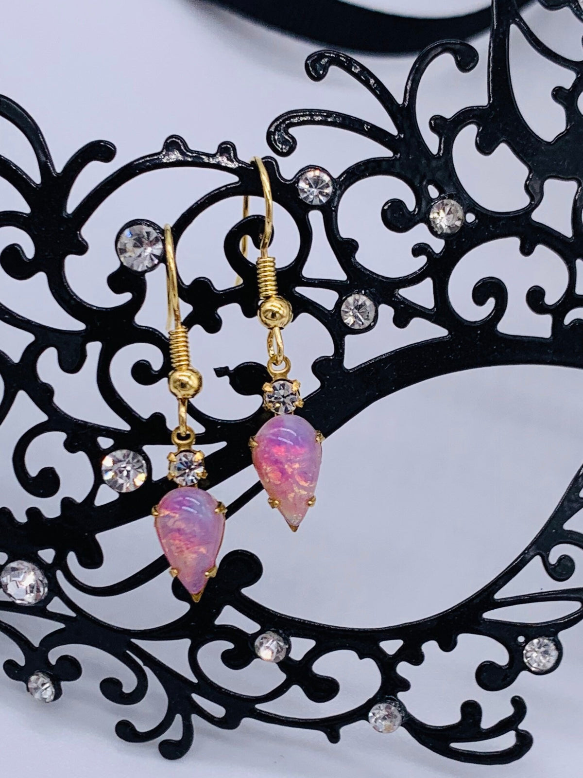 Vintage opal glass and Swarovski Crystal pear shaped earrings