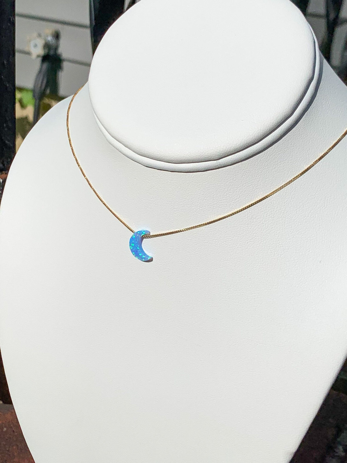Moon necklace fire opal light blue with gold filled chain