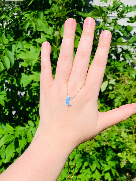 Moon necklace fire opal light blue with gold filled chain