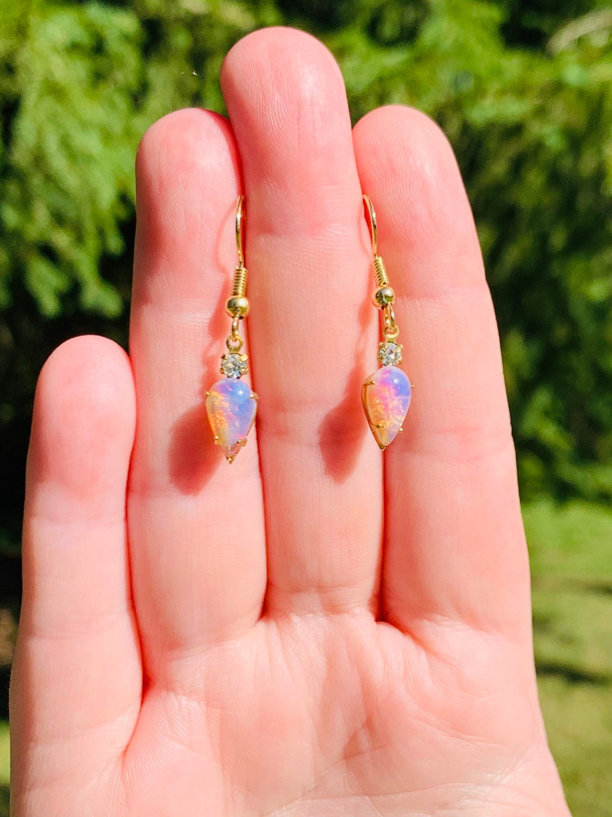 Vintage opal glass and Swarovski Crystal pear shaped earrings