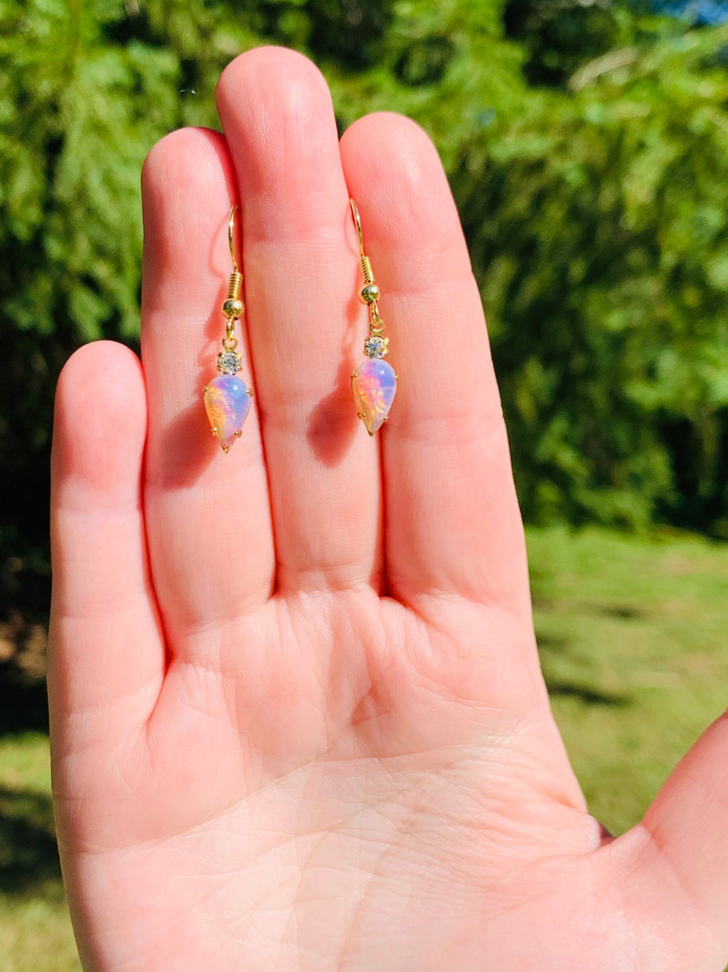 Vintage opal glass and Swarovski Crystal pear shaped earrings