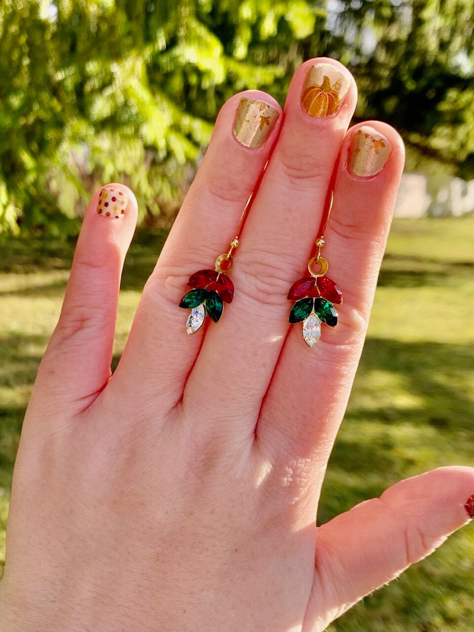 Christmas red white and green Austrian crystal leaf earrings