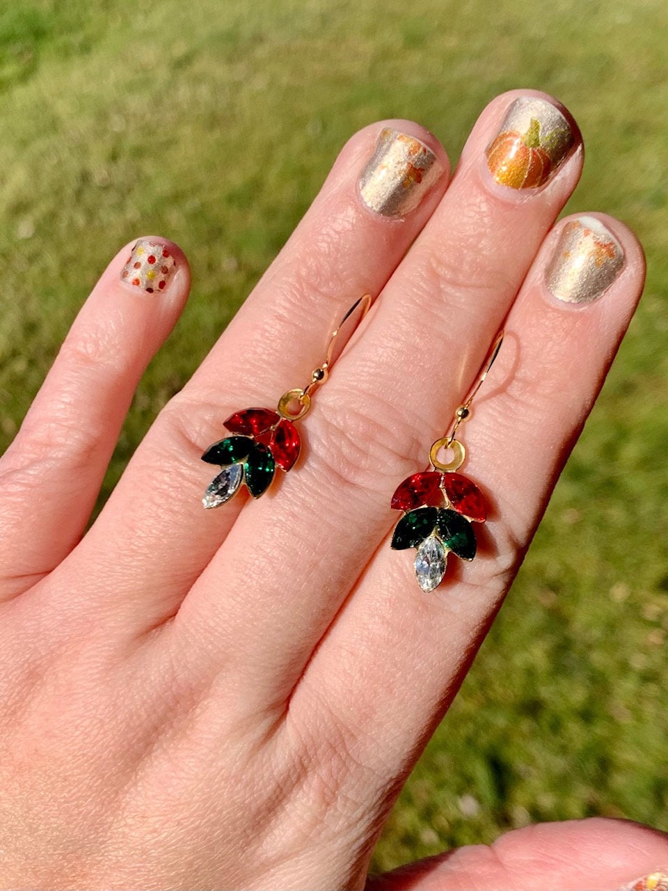 Christmas red white and green Austrian crystal leaf earrings