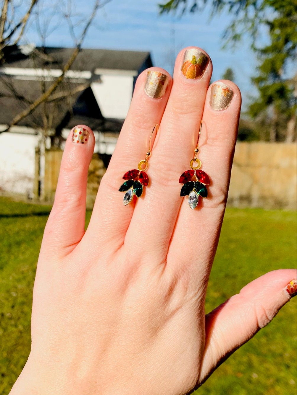Christmas red white and green Austrian crystal leaf earrings