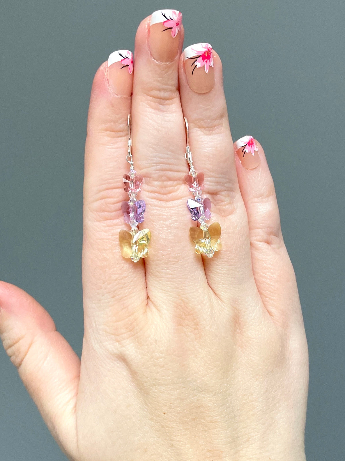 Swarovski Crystal sterling silver butterfly earrings in rose pink light yellow and violet purple