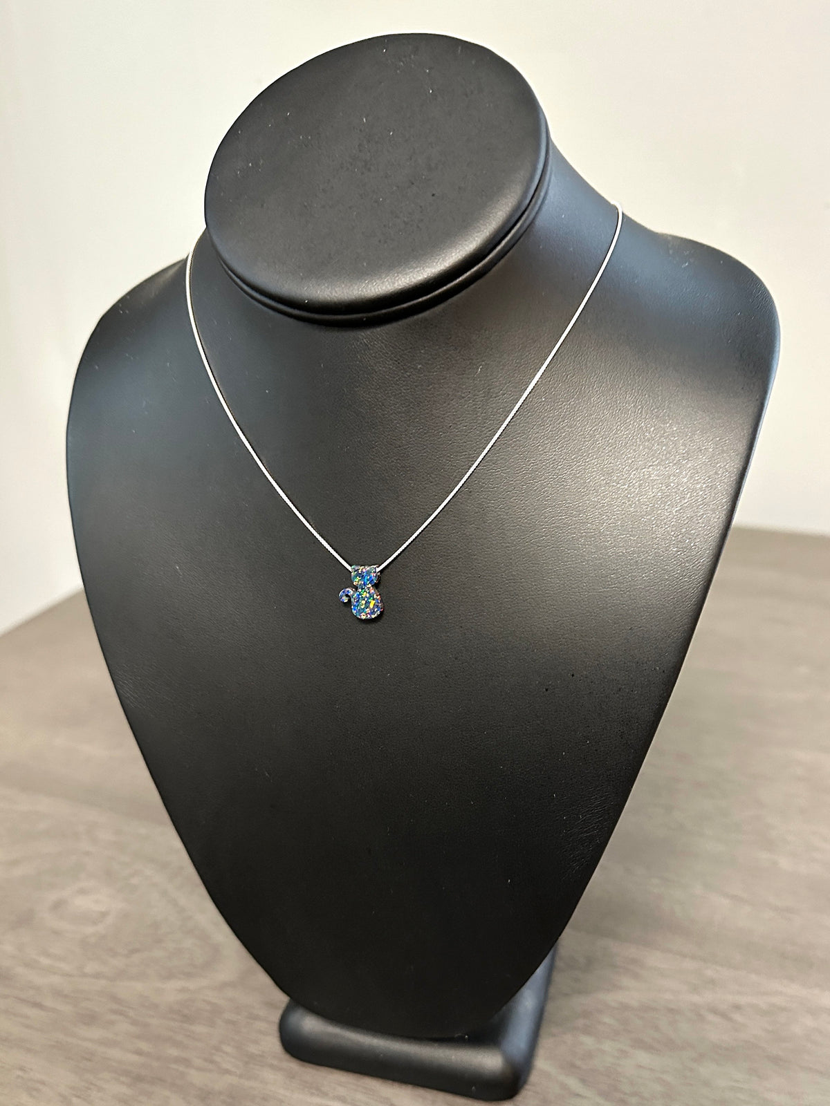 Fire Opal black cat sterling silver necklace