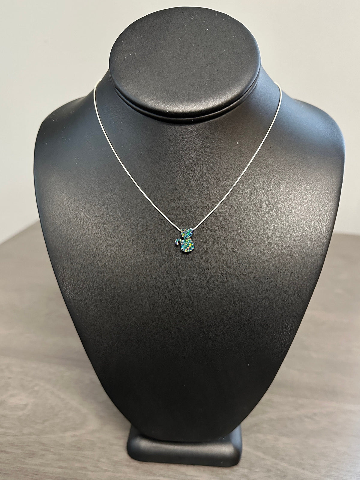Fire Opal black cat sterling silver necklace