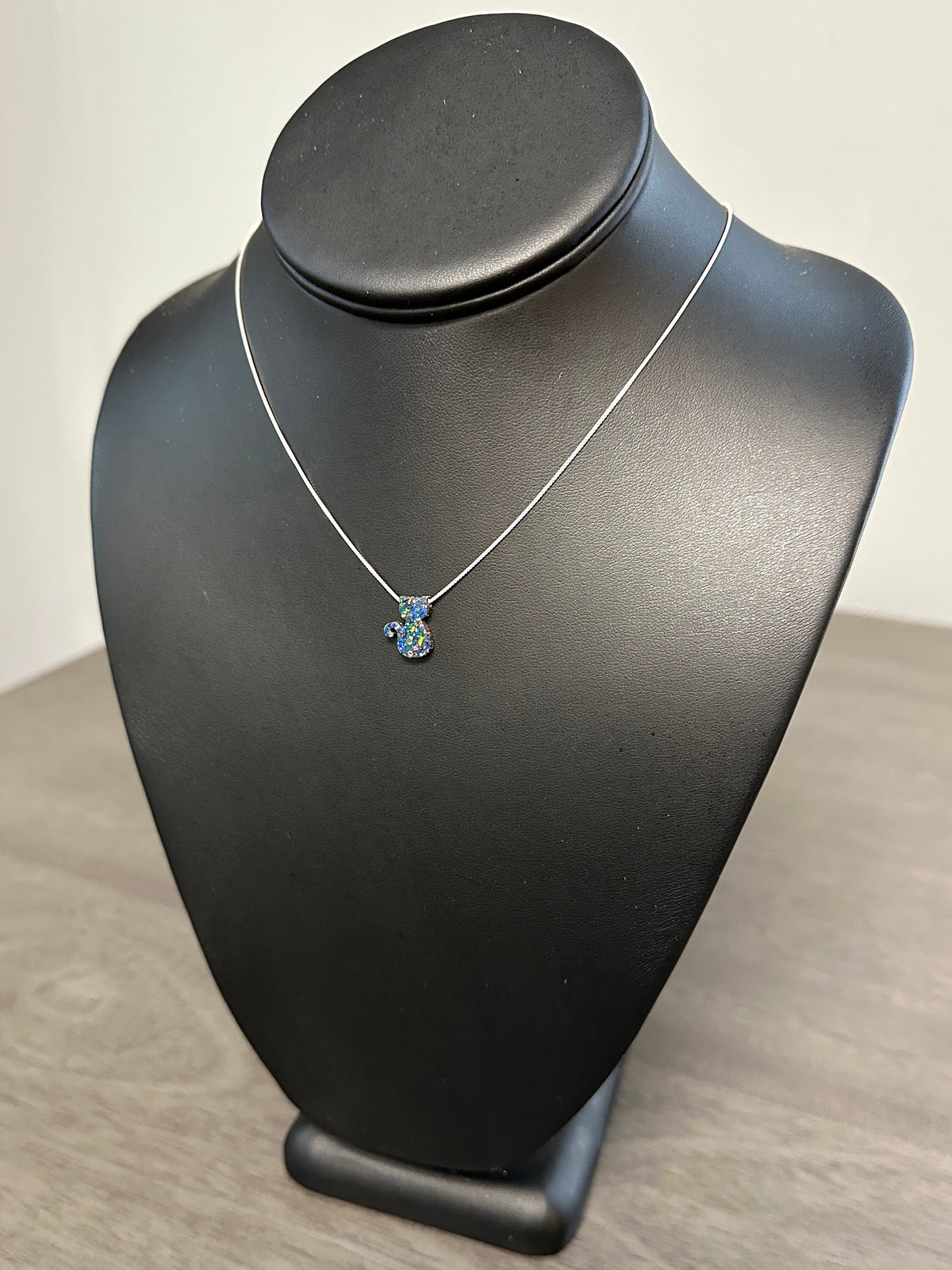 Fire Opal black cat sterling silver necklace
