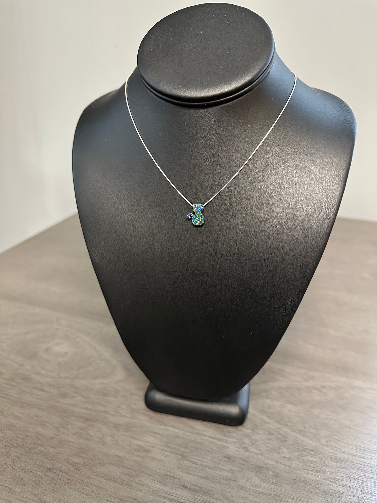 Fire Opal black cat sterling silver necklace