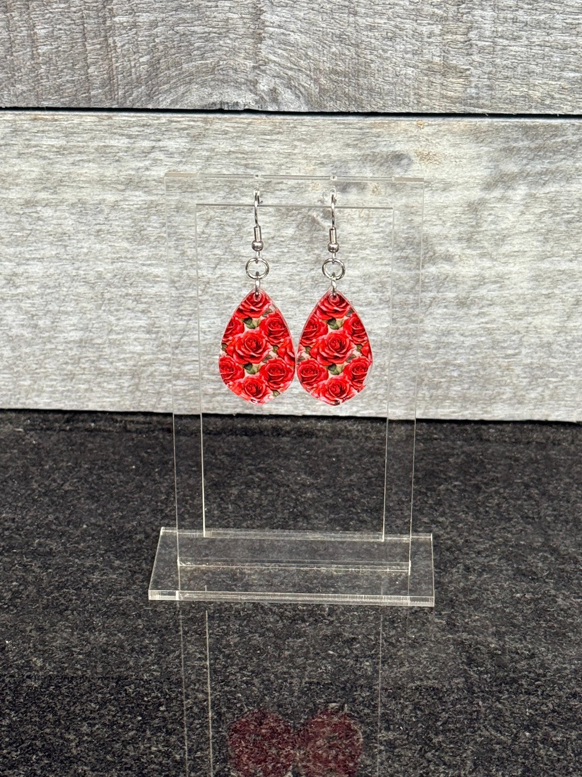 red rose earrings stainless steel and acrylic