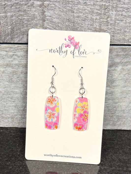 Hibiscus flower earrings, Hawaiian earrings stainless steel and acrylic