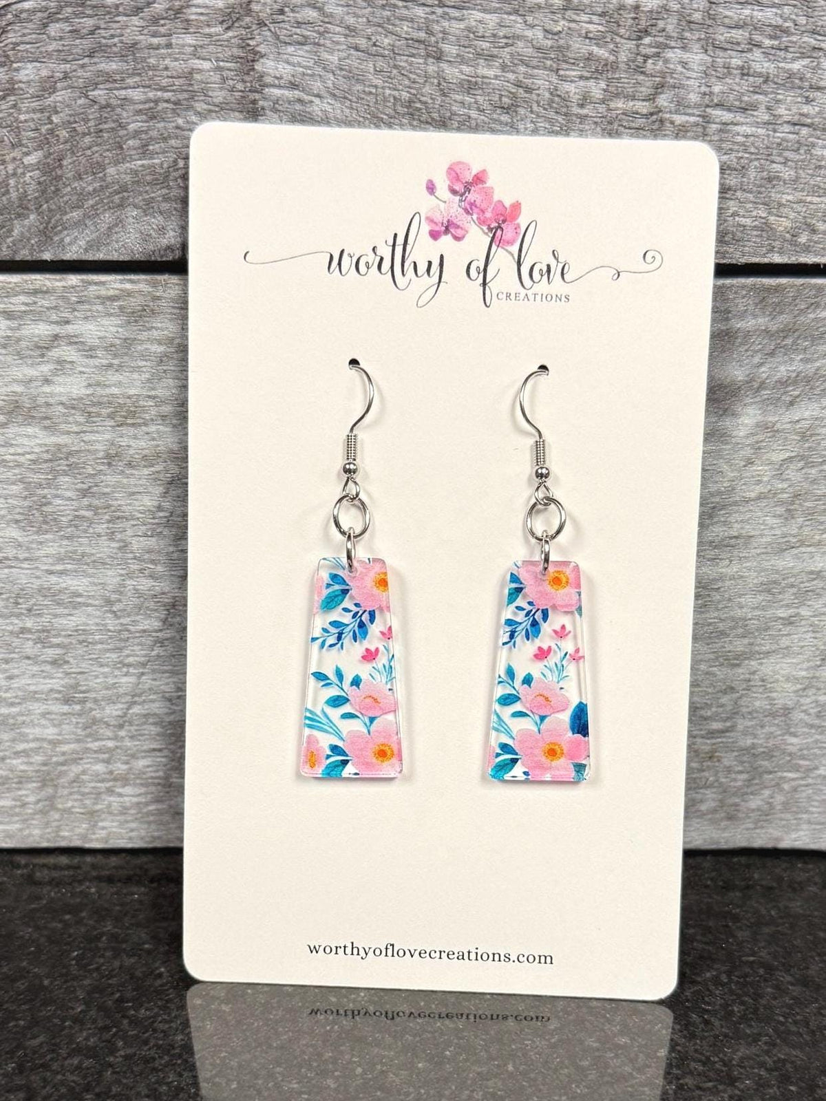 Pink and teal flower print earrings stainless steel and acrylic