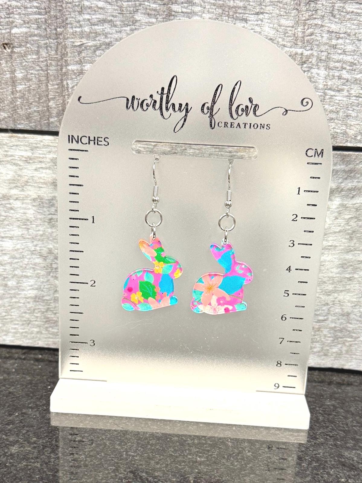 Floral Acrylic Bunny Earrings Stainless Steel