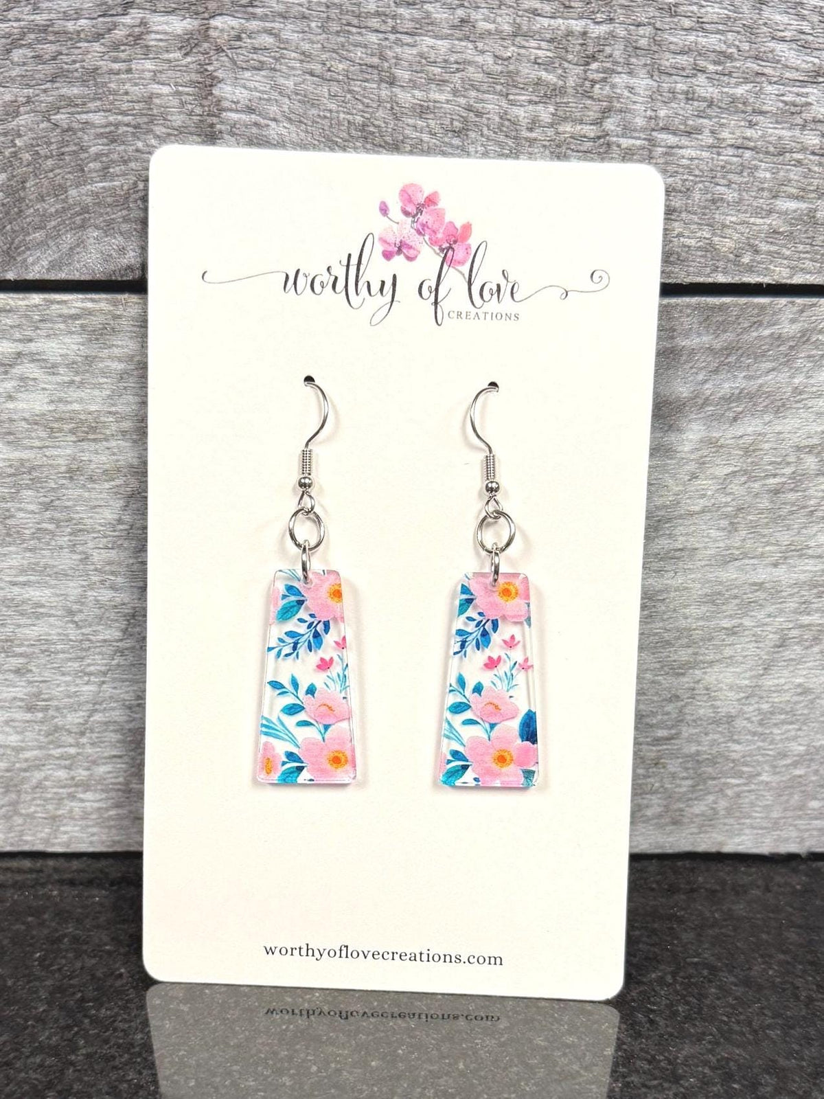 Pink and teal flower print earrings stainless steel and acrylic