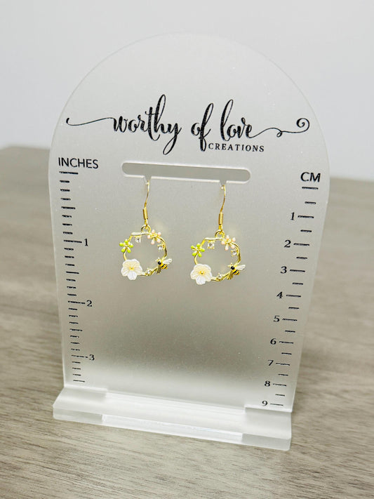 bee earrings, bees and flowers earrings gold plated
