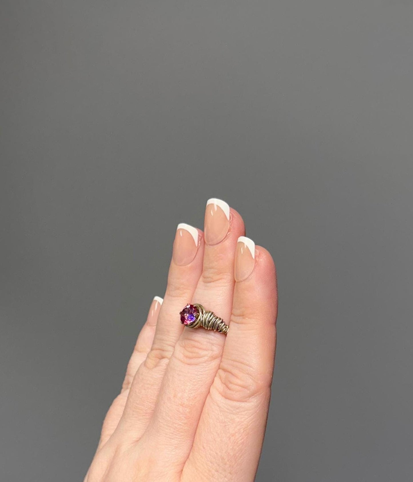 Pink mystic Topaz and sterling silver wire wrapped ring