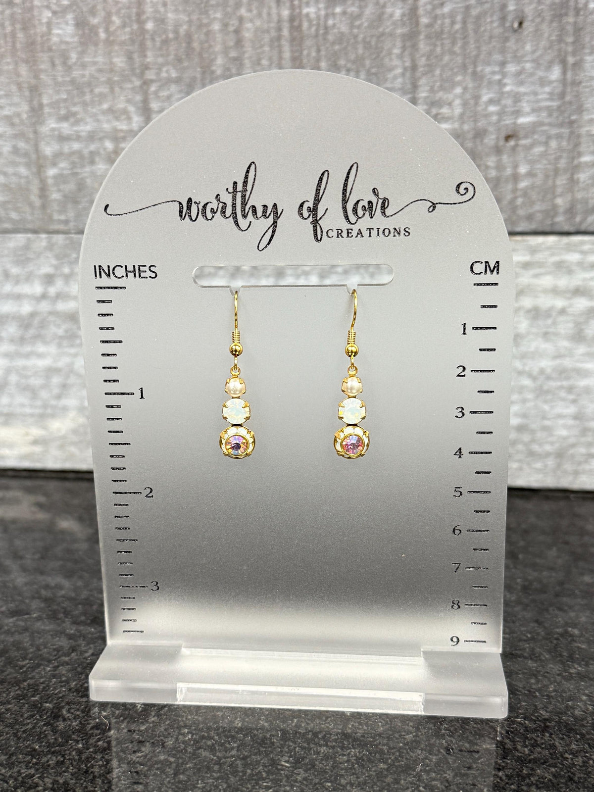 white opal Swarovski Crystal faux pearl and light rose aurora borealis crystal brass earrings
