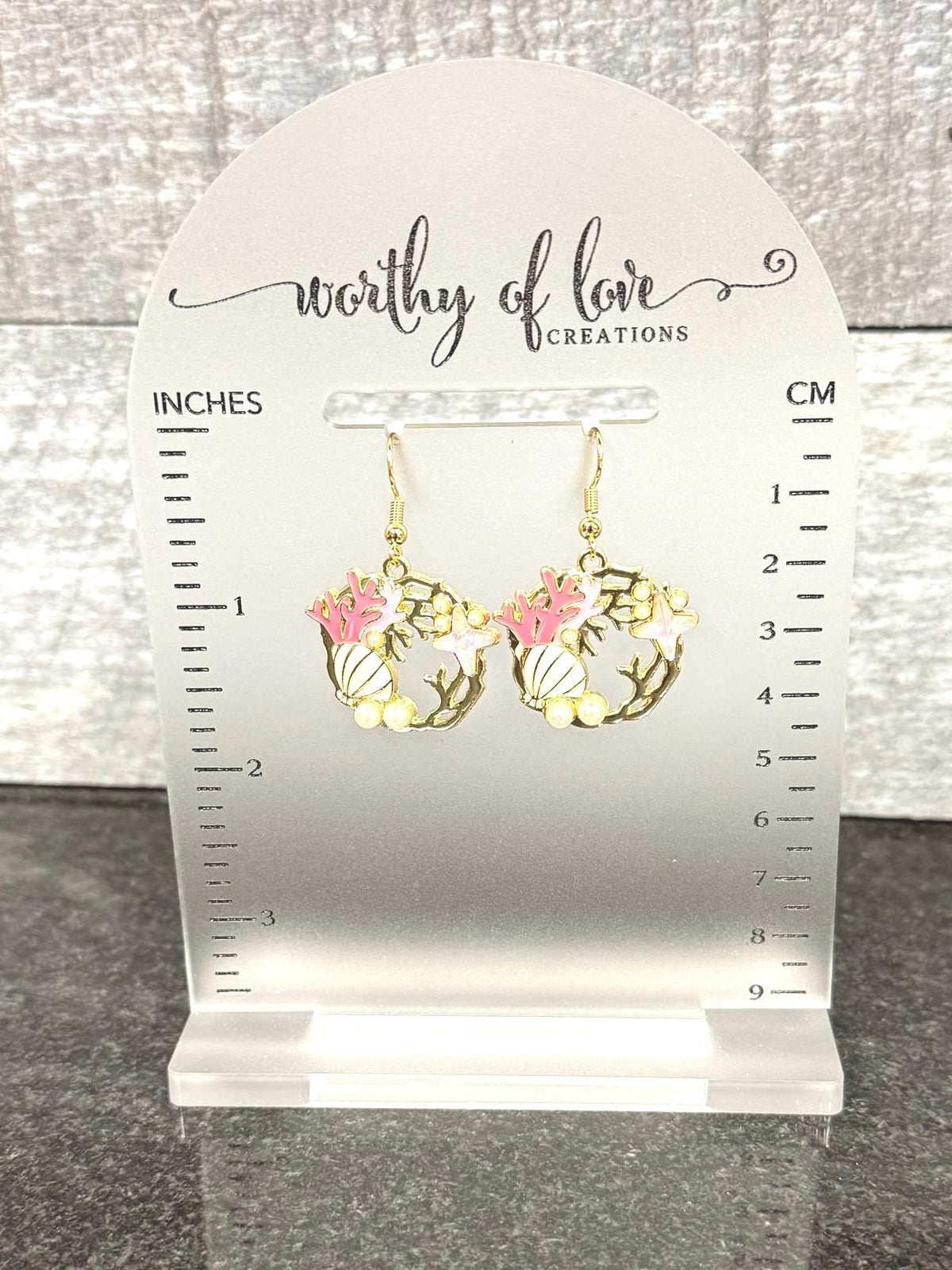 Pink sea shell and coral under the sea earrings with faux pearls