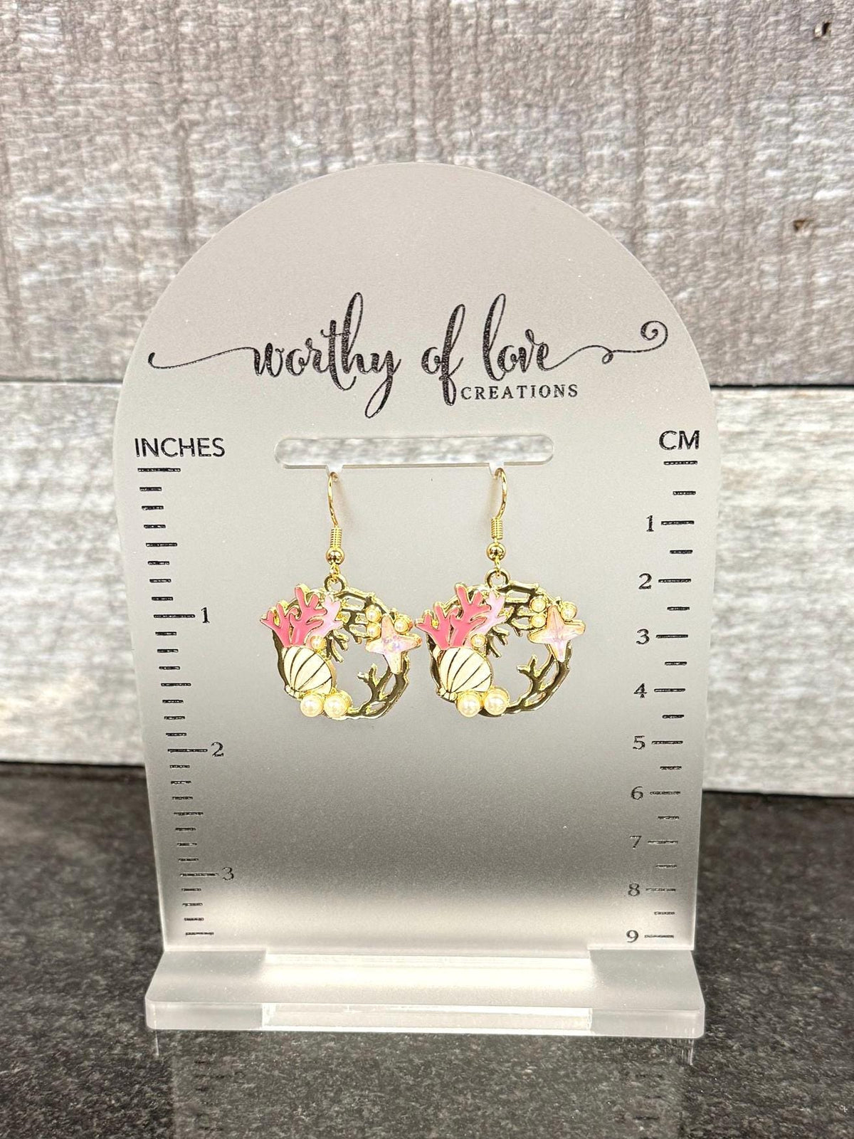 Pink sea shell and coral under the sea earrings with faux pearls