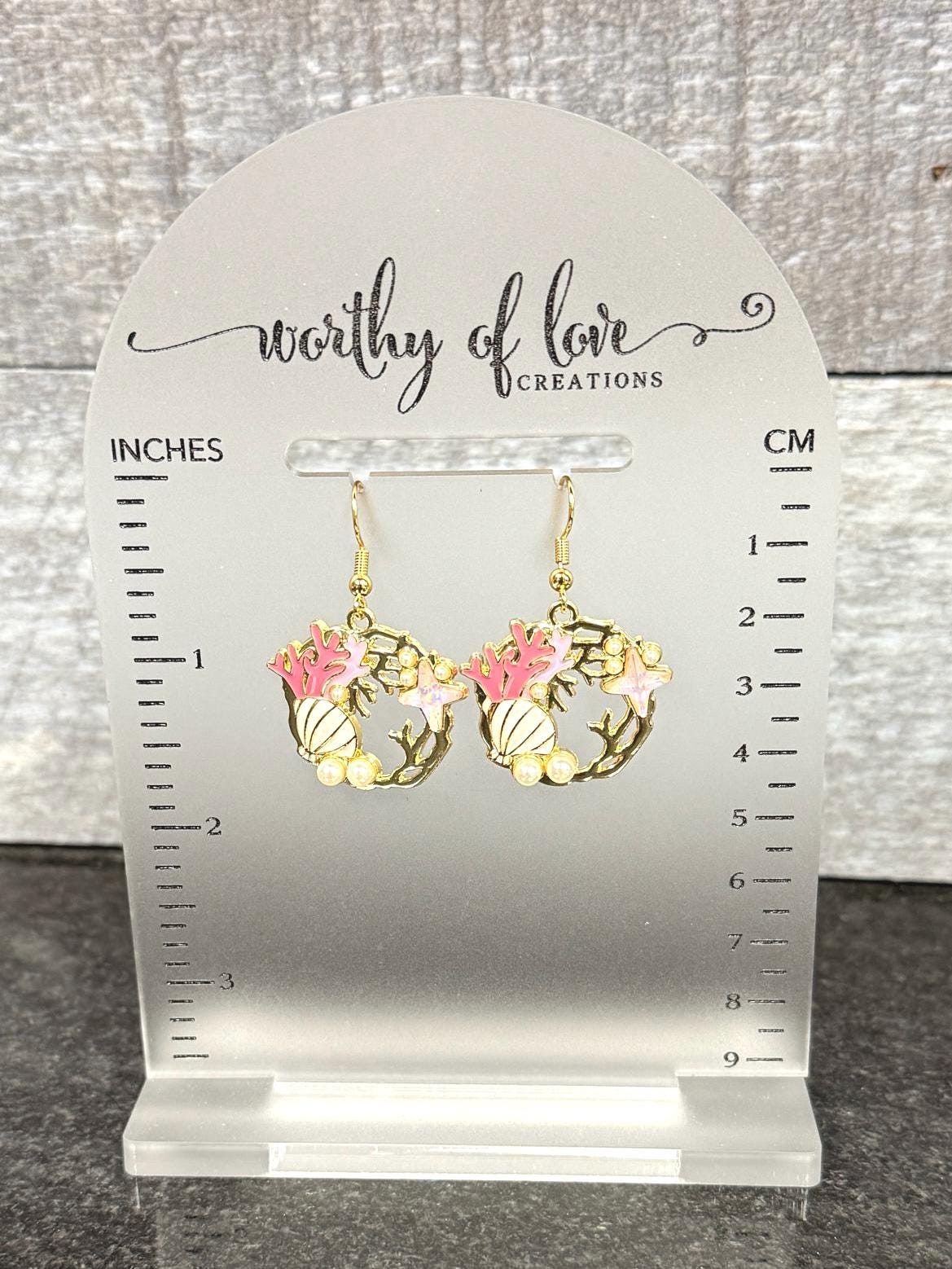 Pink sea shell and coral under the sea earrings with faux pearls