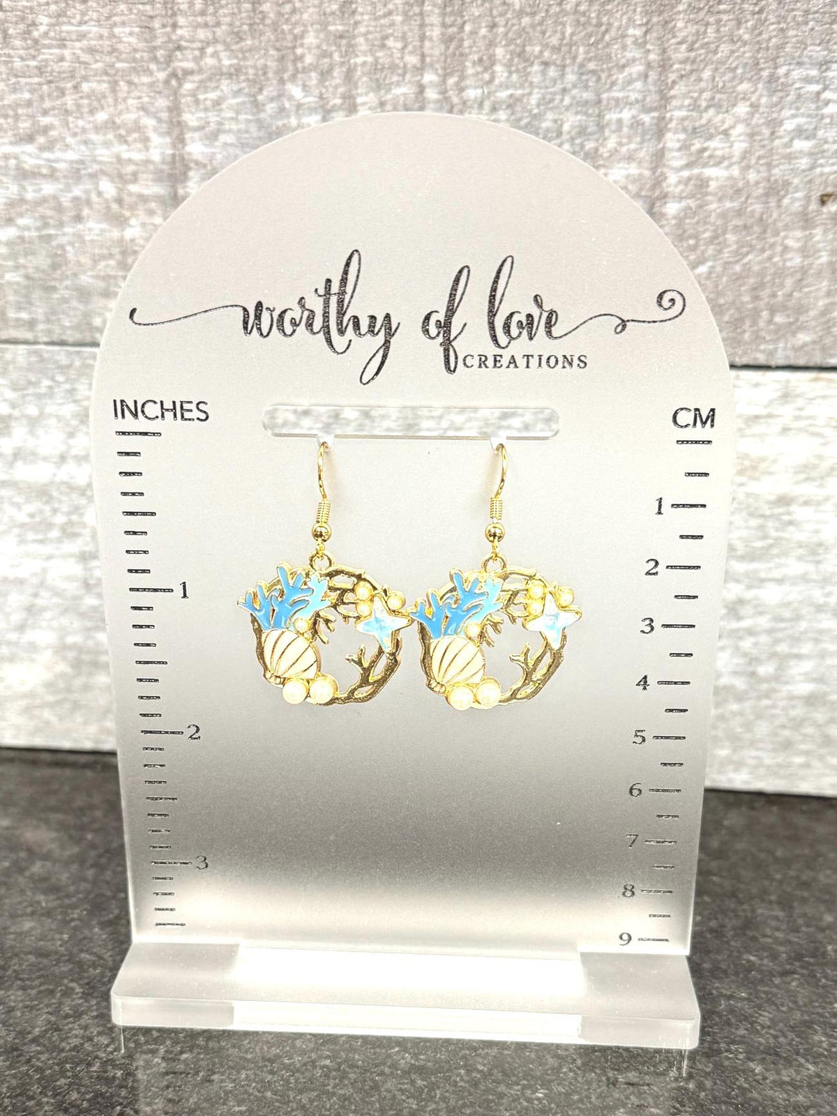 Blue sea shell and coral under the sea earrings with faux pearls