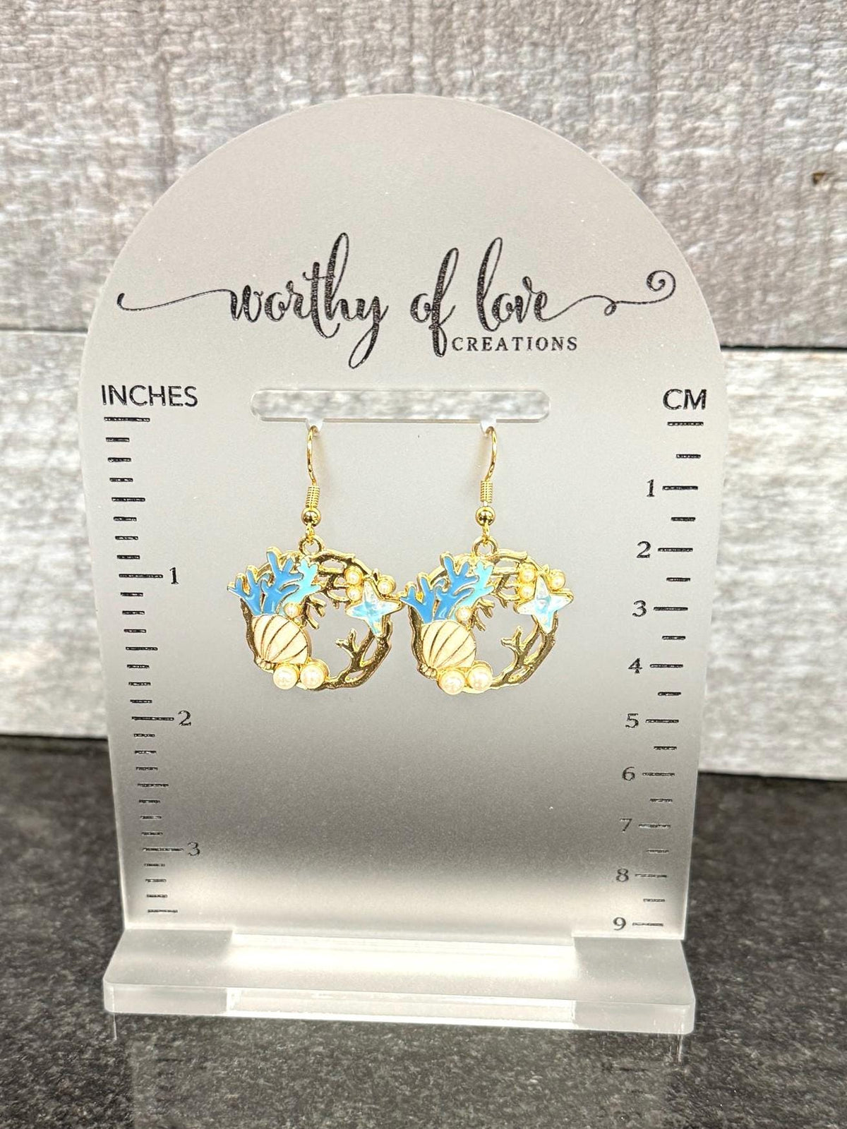 Blue sea shell and coral under the sea earrings with faux pearls