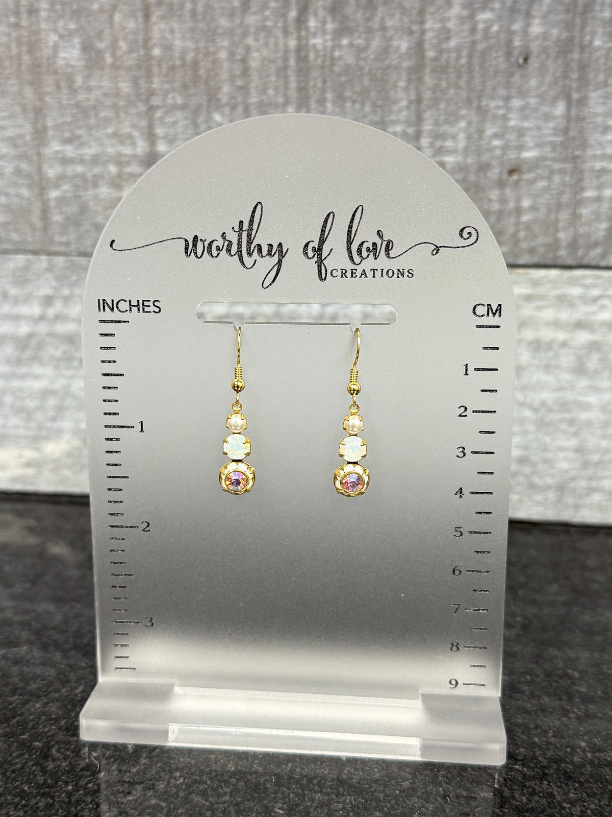 white opal Swarovski Crystal faux pearl and light rose aurora borealis crystal brass earrings