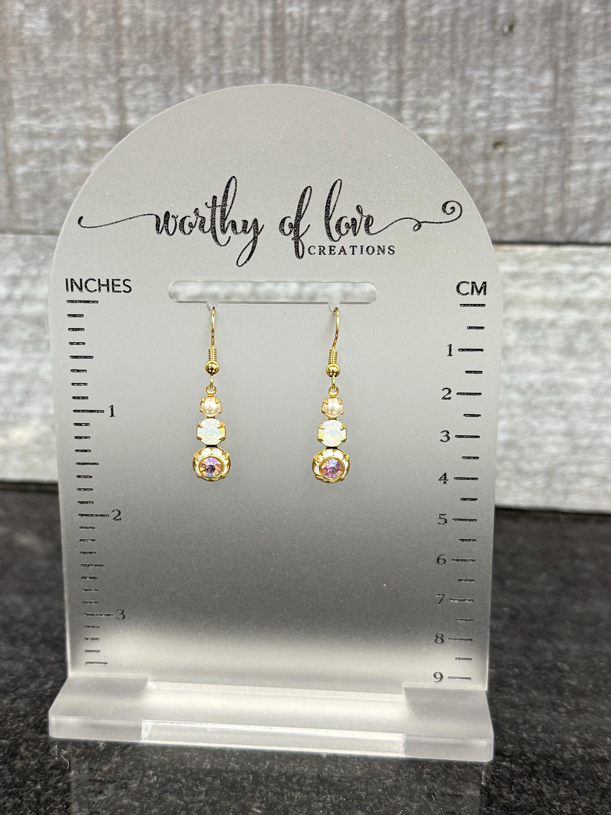white opal Swarovski Crystal faux pearl and light rose aurora borealis crystal brass earrings