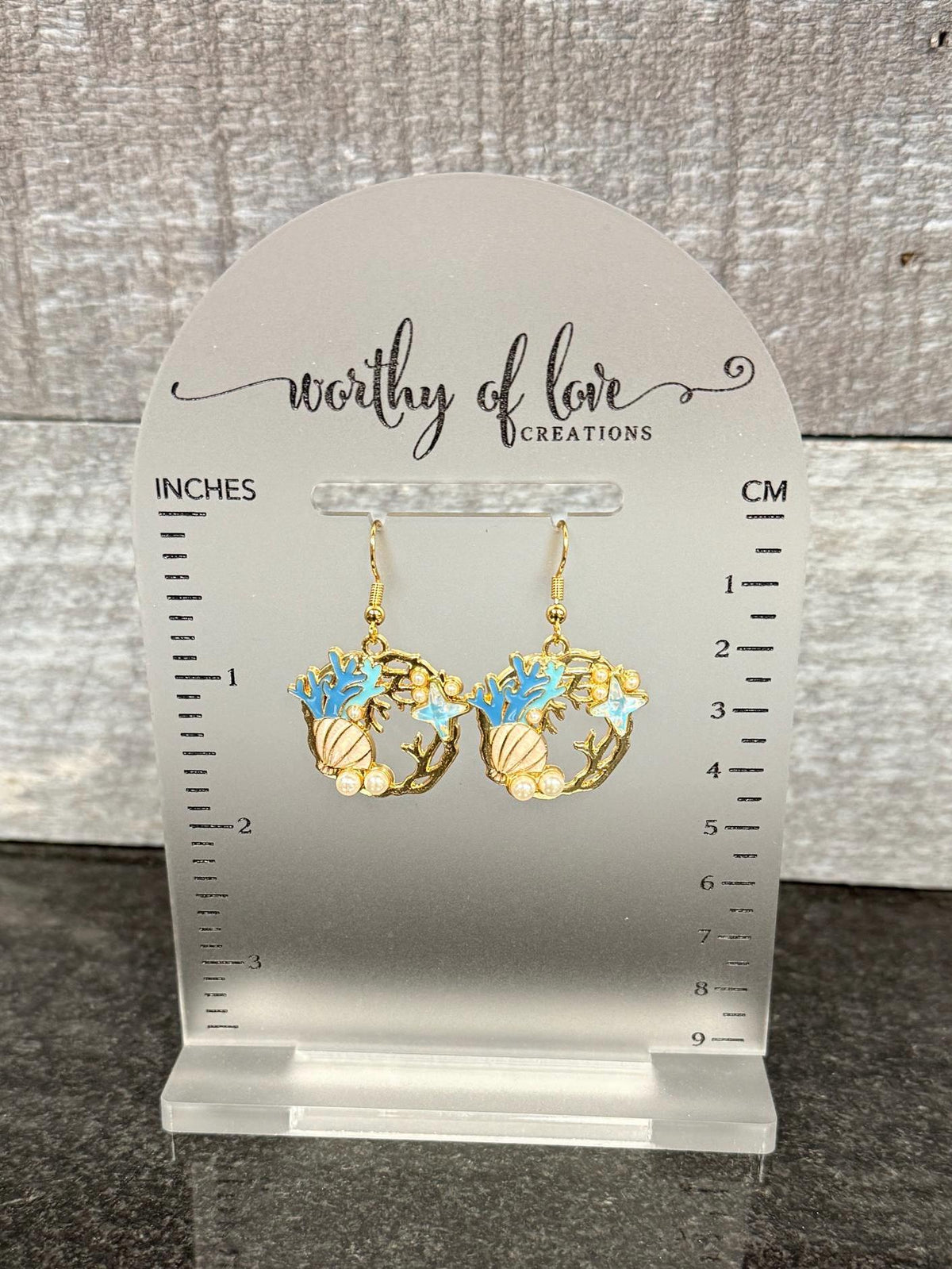 Blue sea shell and coral under the sea earrings with faux pearls