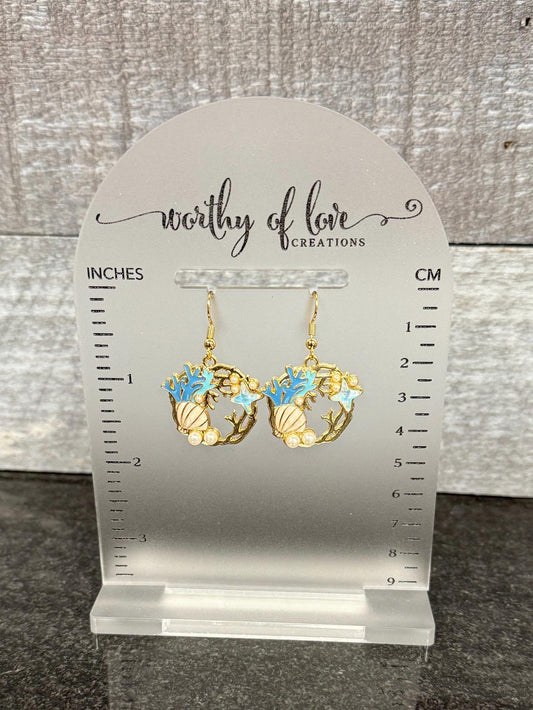 Blue sea shell and coral under the sea earrings with faux pearls