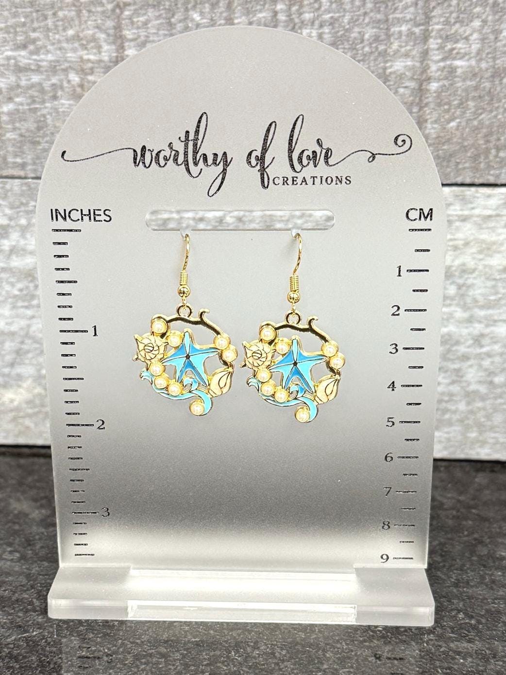 Blue Starfish & Seashell Earrings: Faux Pearl Ocean Jewelry
