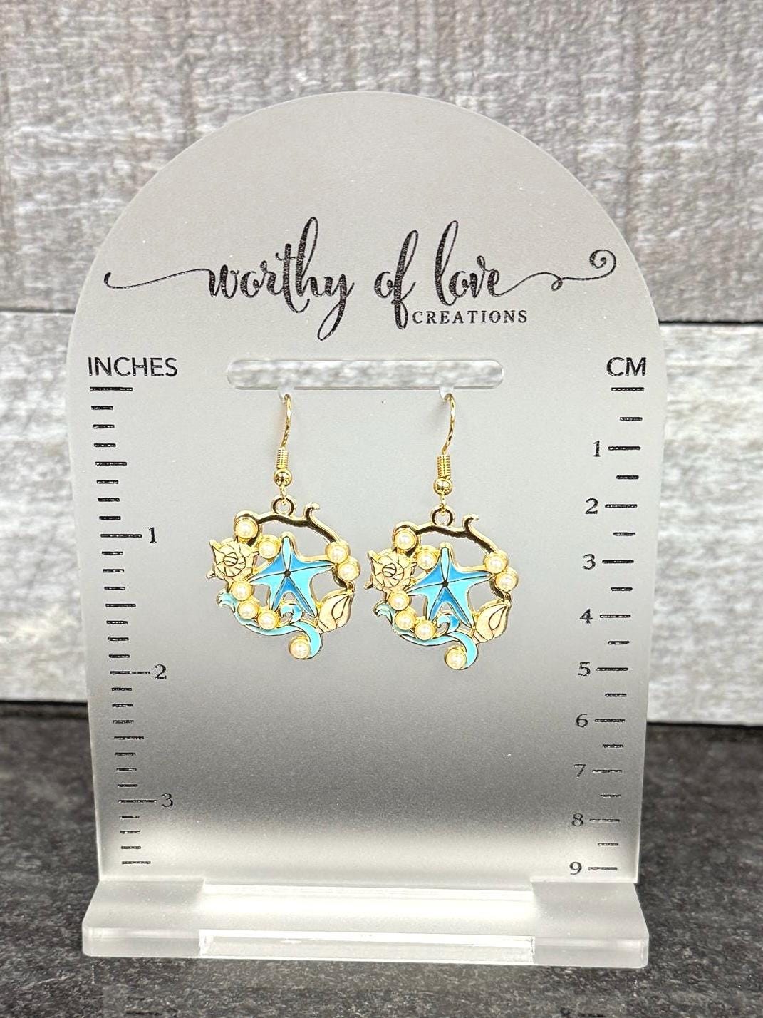 Blue Starfish & Seashell Earrings: Faux Pearl Ocean Jewelry