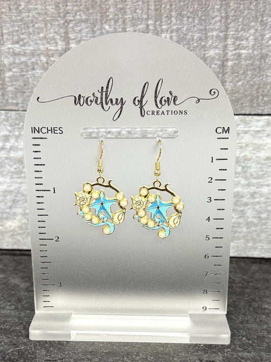Blue Starfish & Seashell Earrings: Faux Pearl Ocean Jewelry