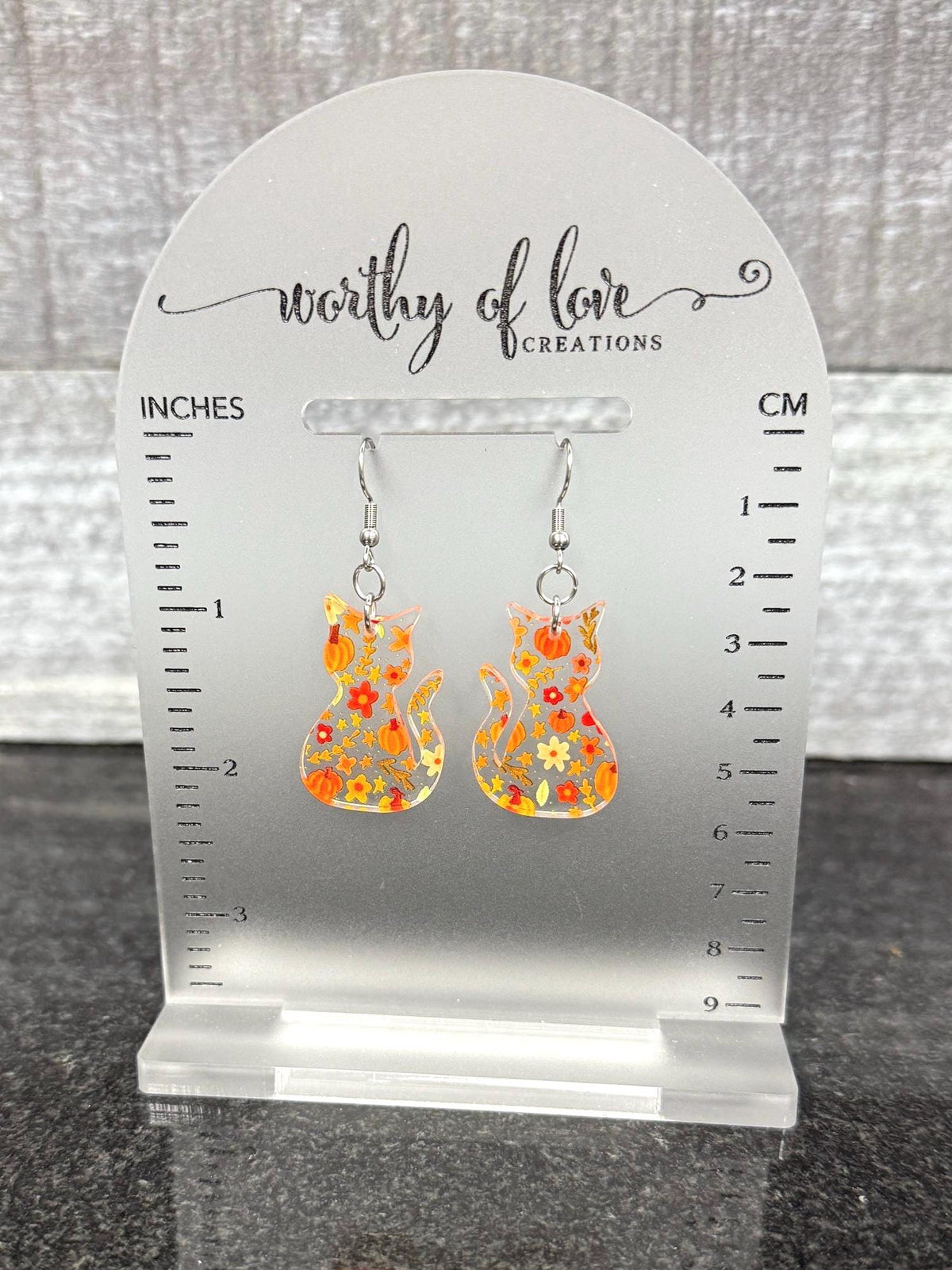 Autumn Cat Earrings - Pumpkin Print, Stainless Steel & Acrylic