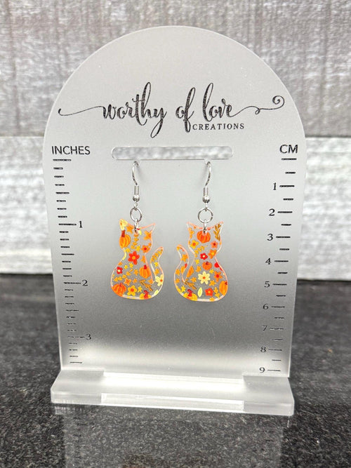 Autumn Cat Earrings - Pumpkin Print, Stainless Steel & Acrylic