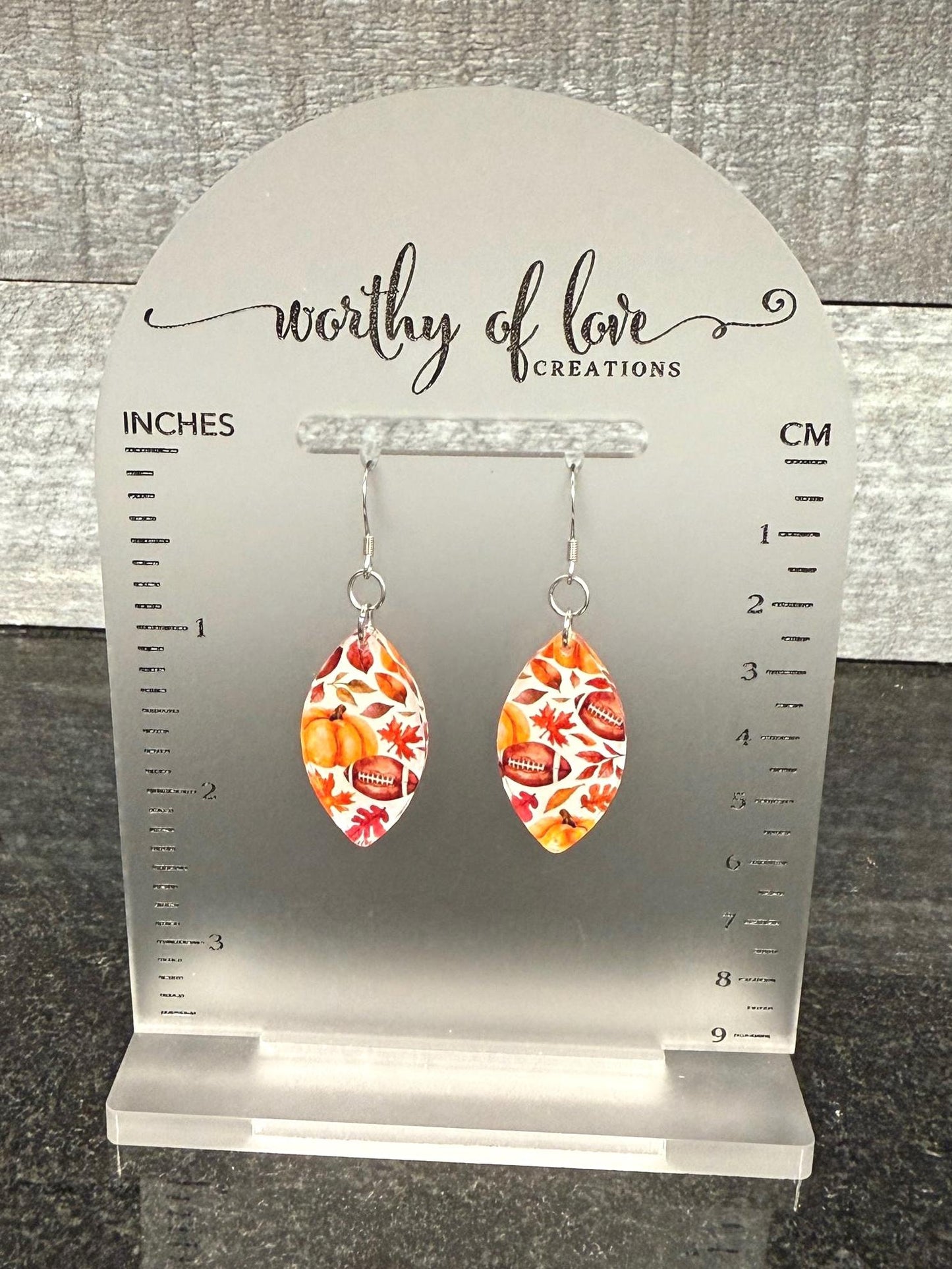 Autumn Print Dangle Earrings – Football, Pumpkin, Leaf - Stainless Steel & Acrylic
