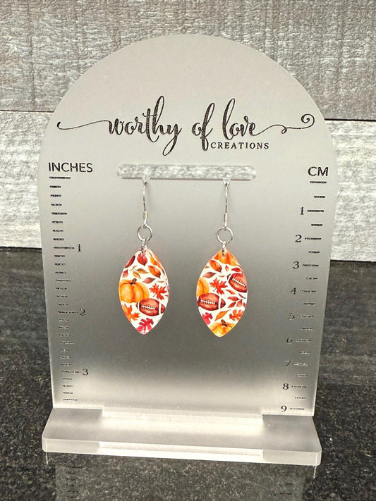 Autumn Print Dangle Earrings – Football, Pumpkin, Leaf - Stainless Steel & Acrylic