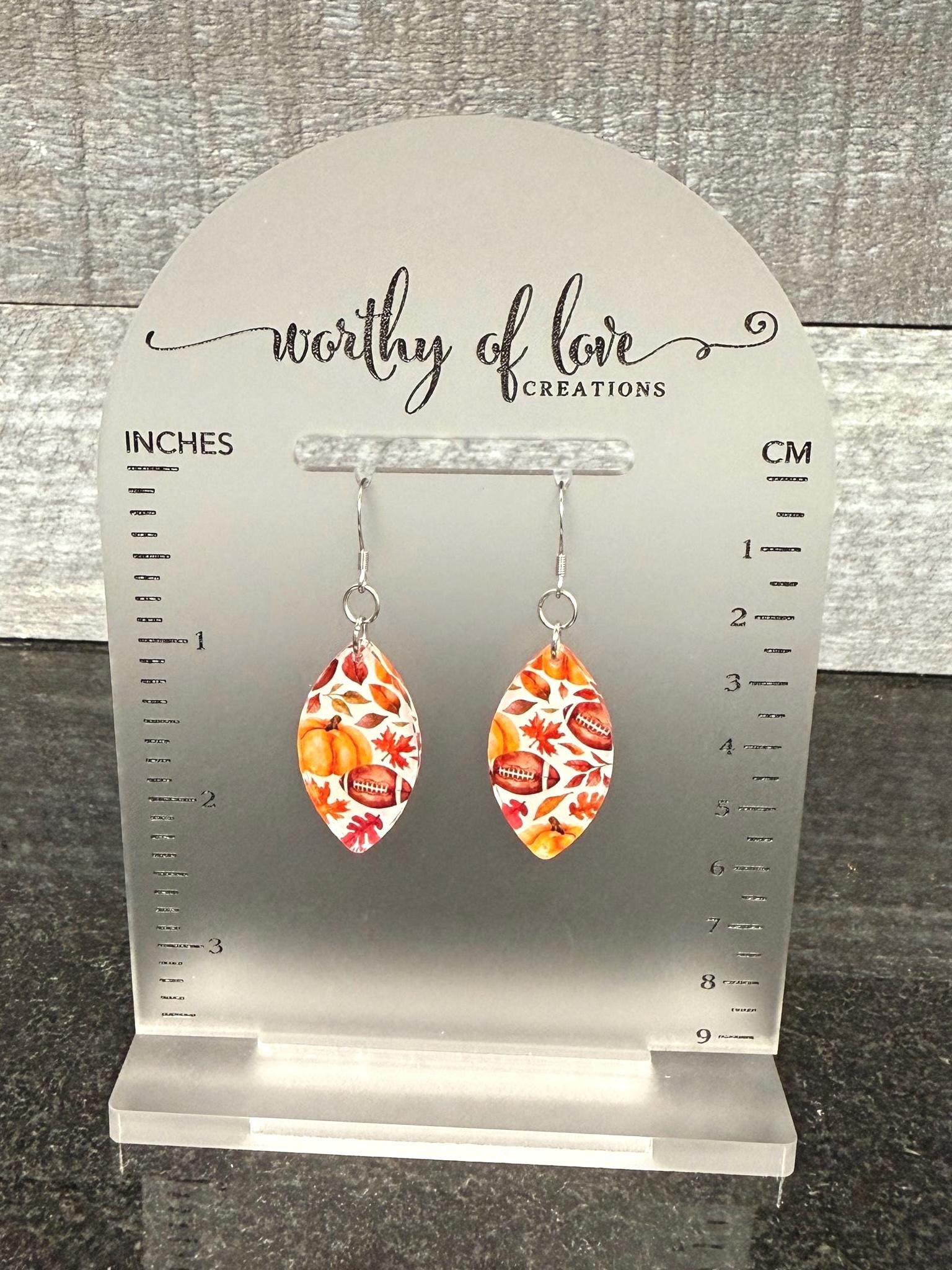 Autumn Print Dangle Earrings – Football, Pumpkin, Leaf - Stainless Steel & Acrylic