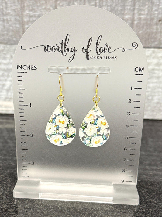 Gold Plated White Acrylic Flower Earrings
