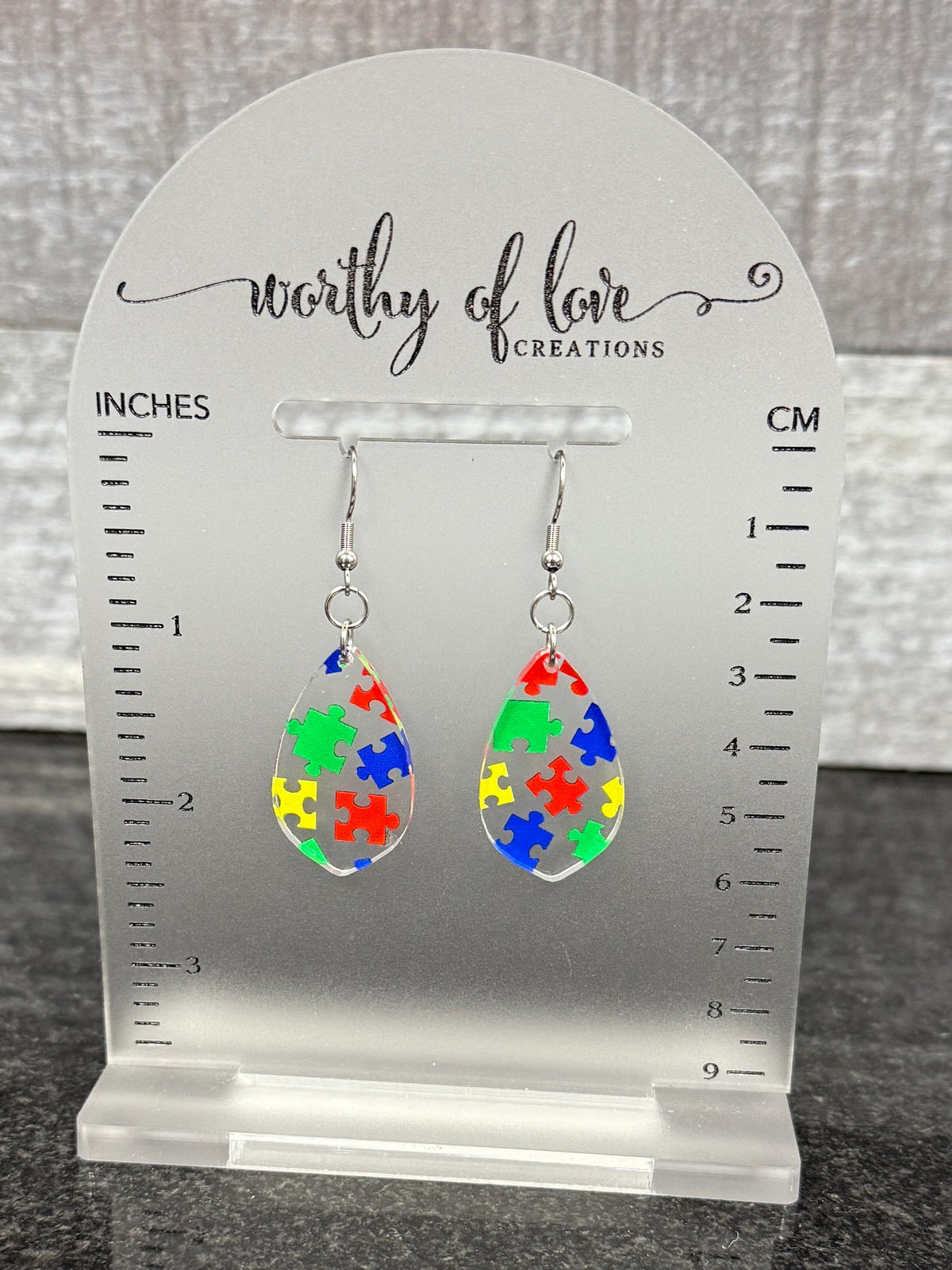 Autism Awareness Puzzle Print Earrings: Acrylic & Stainless Steel