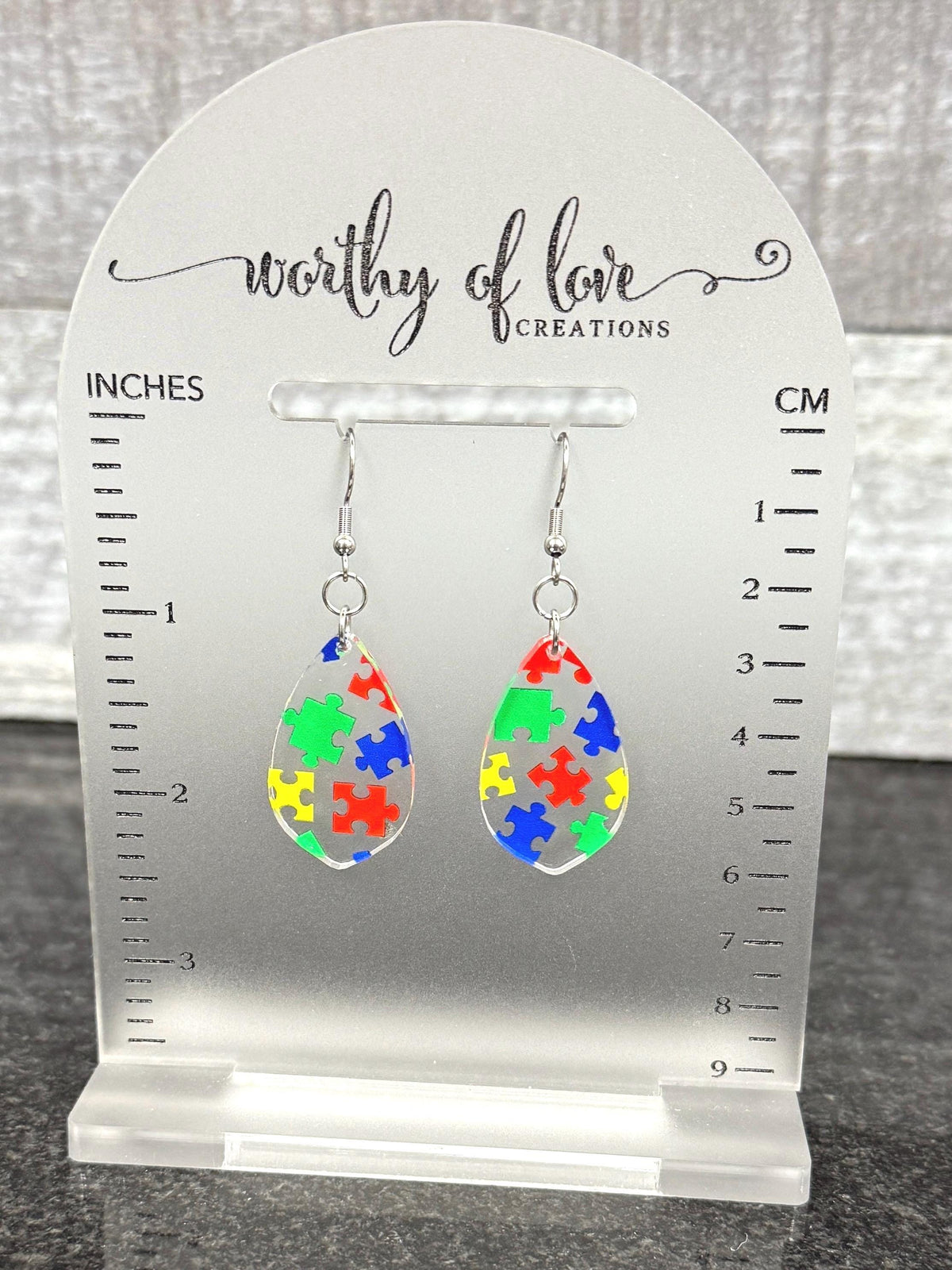 Autism Awareness Puzzle Print Earrings: Acrylic & Stainless Steel