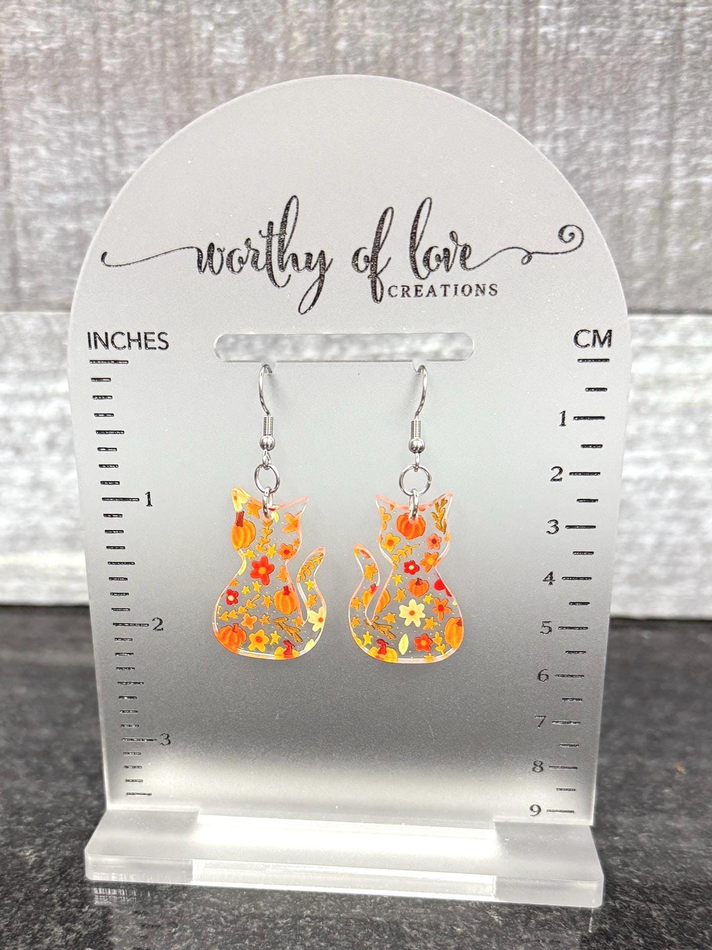 Autumn Cat Earrings - Pumpkin Print, Stainless Steel & Acrylic