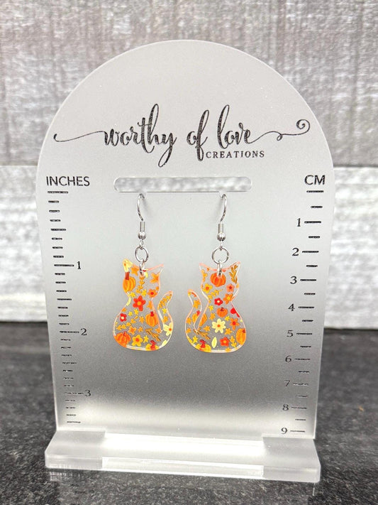 Autumn Cat Earrings - Pumpkin Print, Stainless Steel & Acrylic