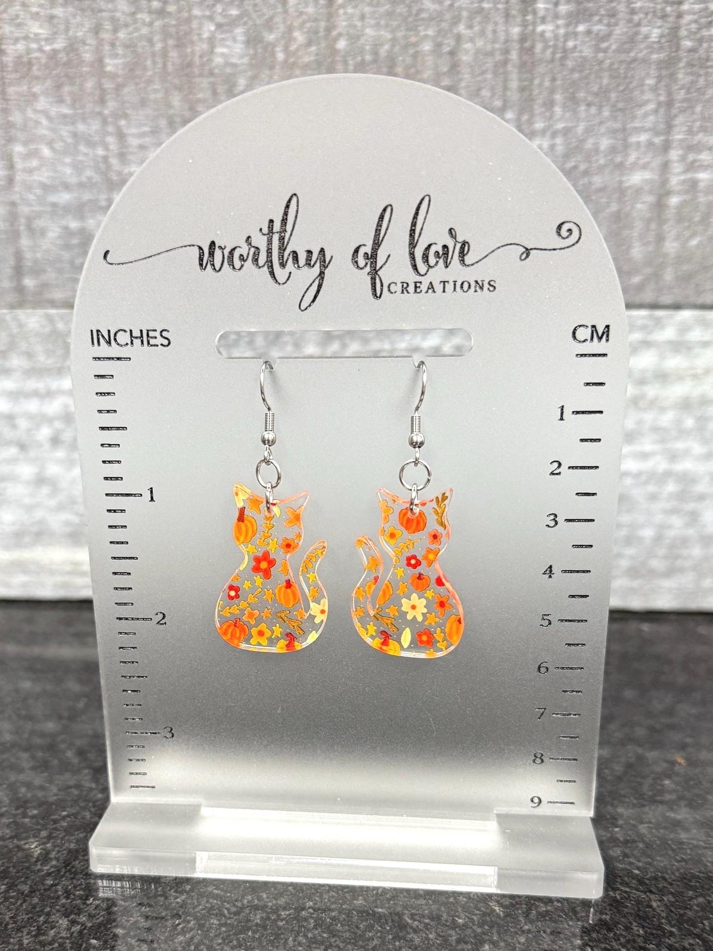 Autumn Cat Earrings - Pumpkin Print, Stainless Steel & Acrylic