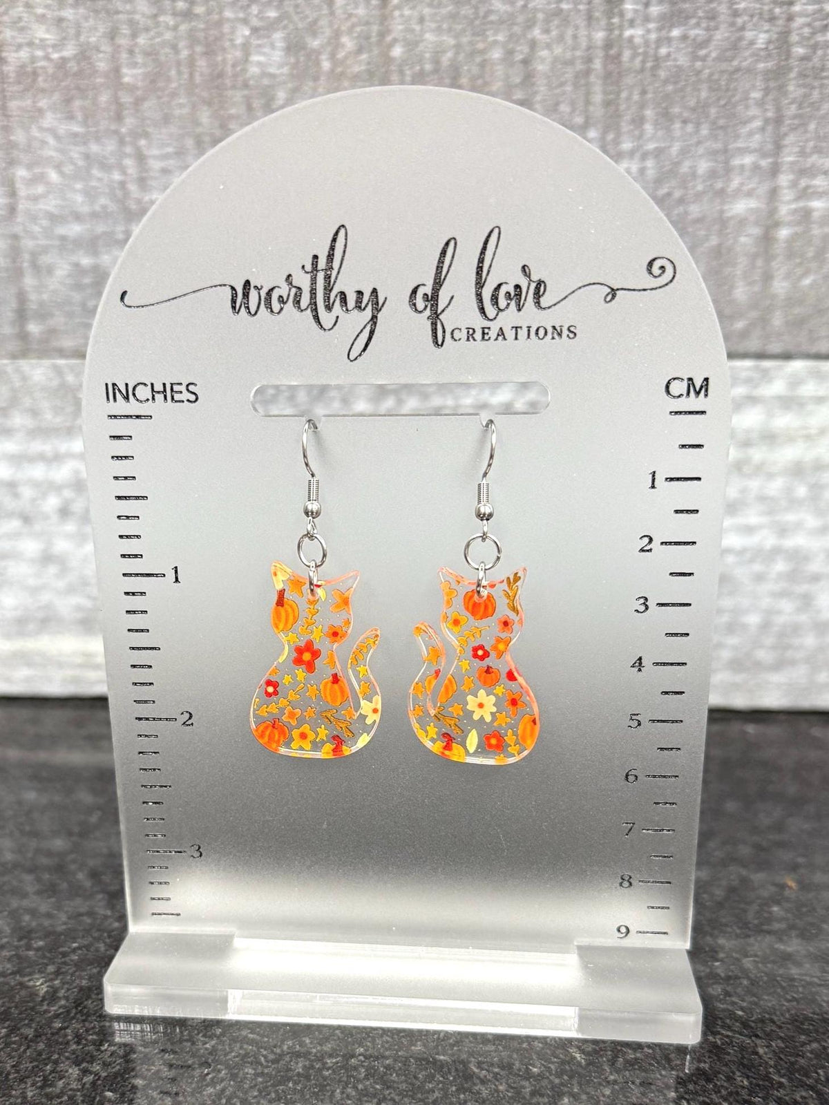 Autumn Cat Earrings - Pumpkin Print, Stainless Steel & Acrylic