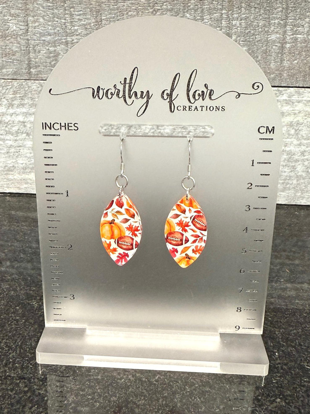 Autumn Print Dangle Earrings – Football, Pumpkin, Leaf - Stainless Steel & Acrylic