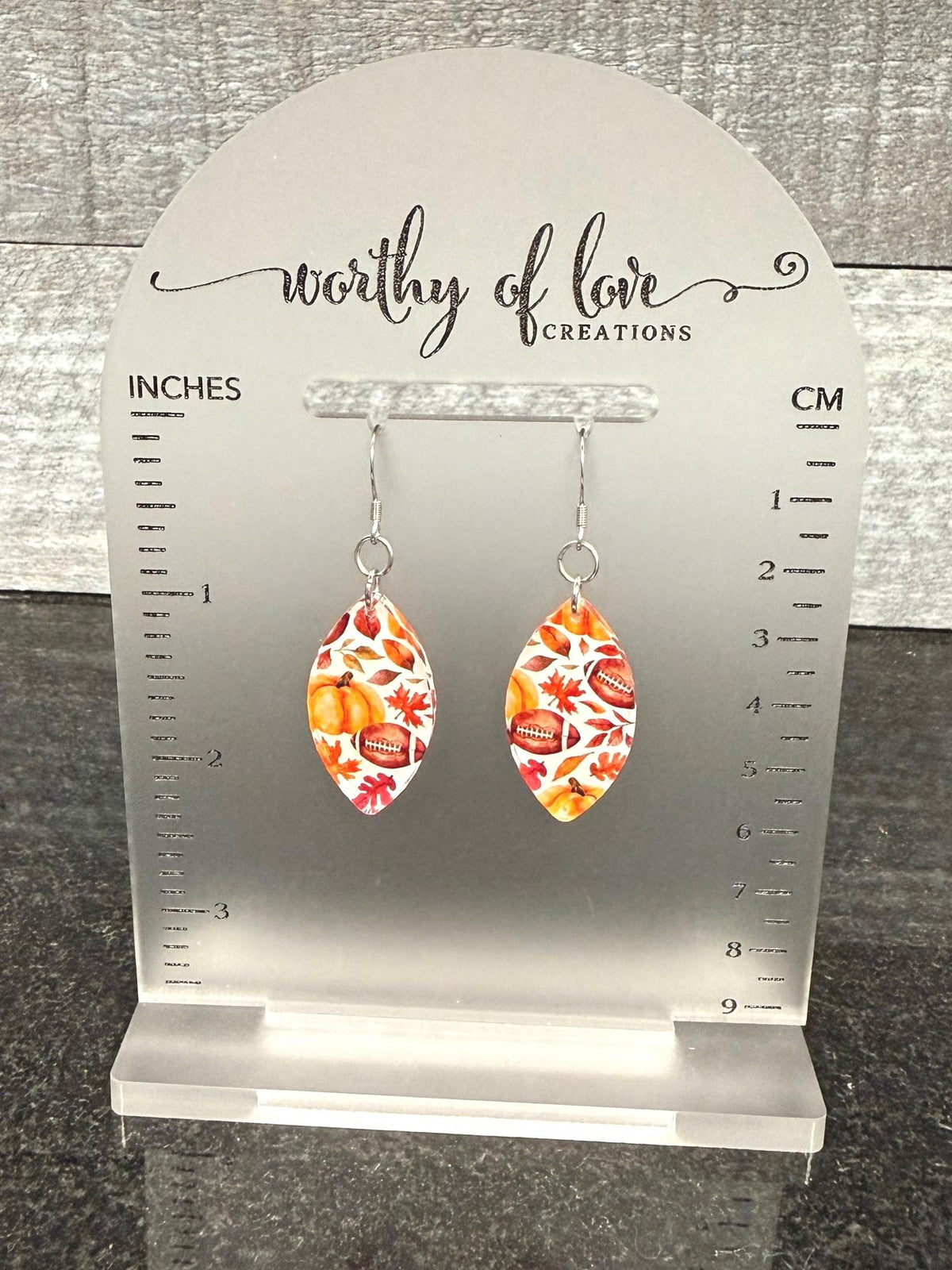 Autumn Print Dangle Earrings – Football, Pumpkin, Leaf - Stainless Steel & Acrylic