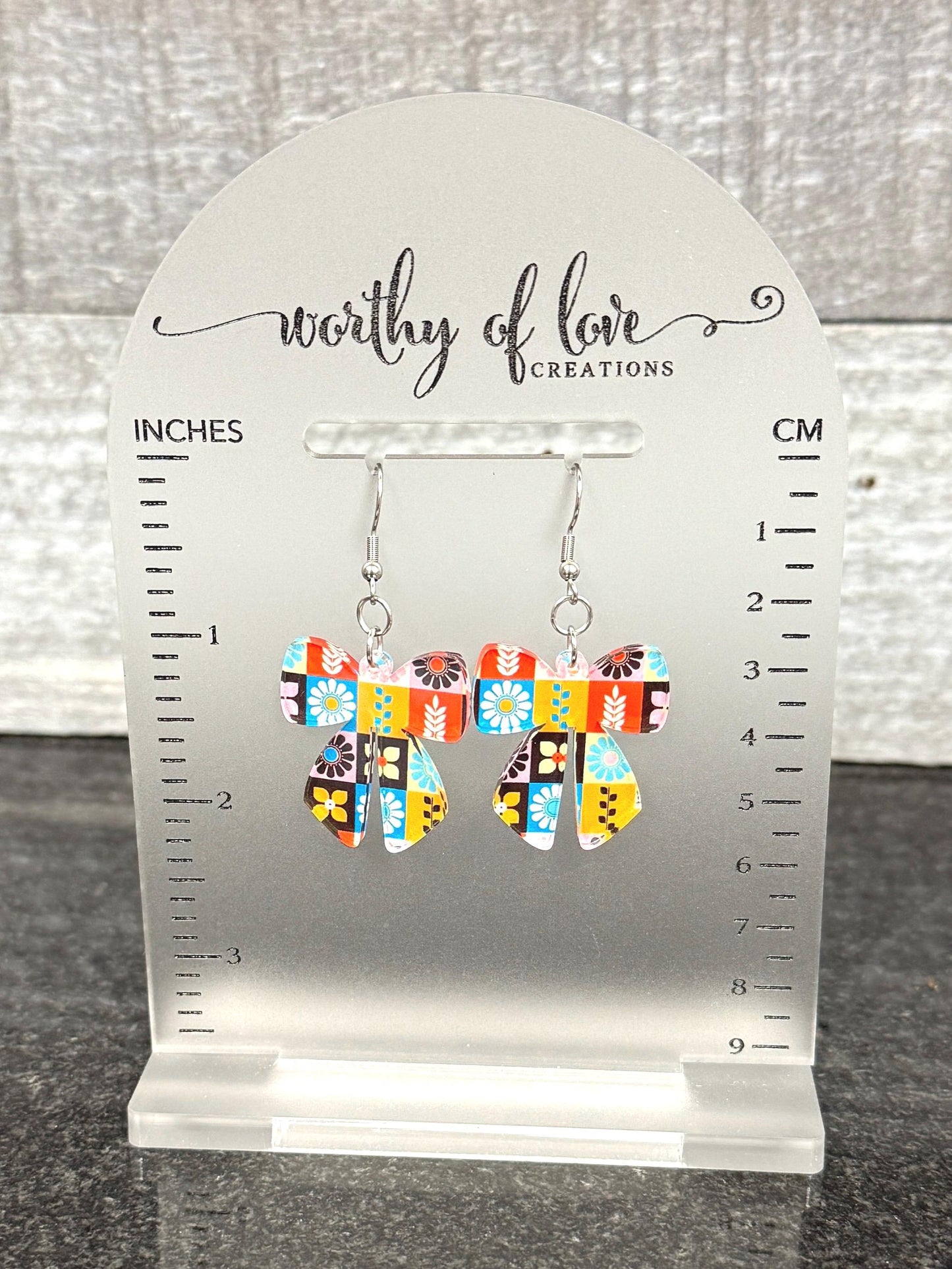 Scandinavian Folk Print Bow Earrings, Stainless Steel & Acrylic