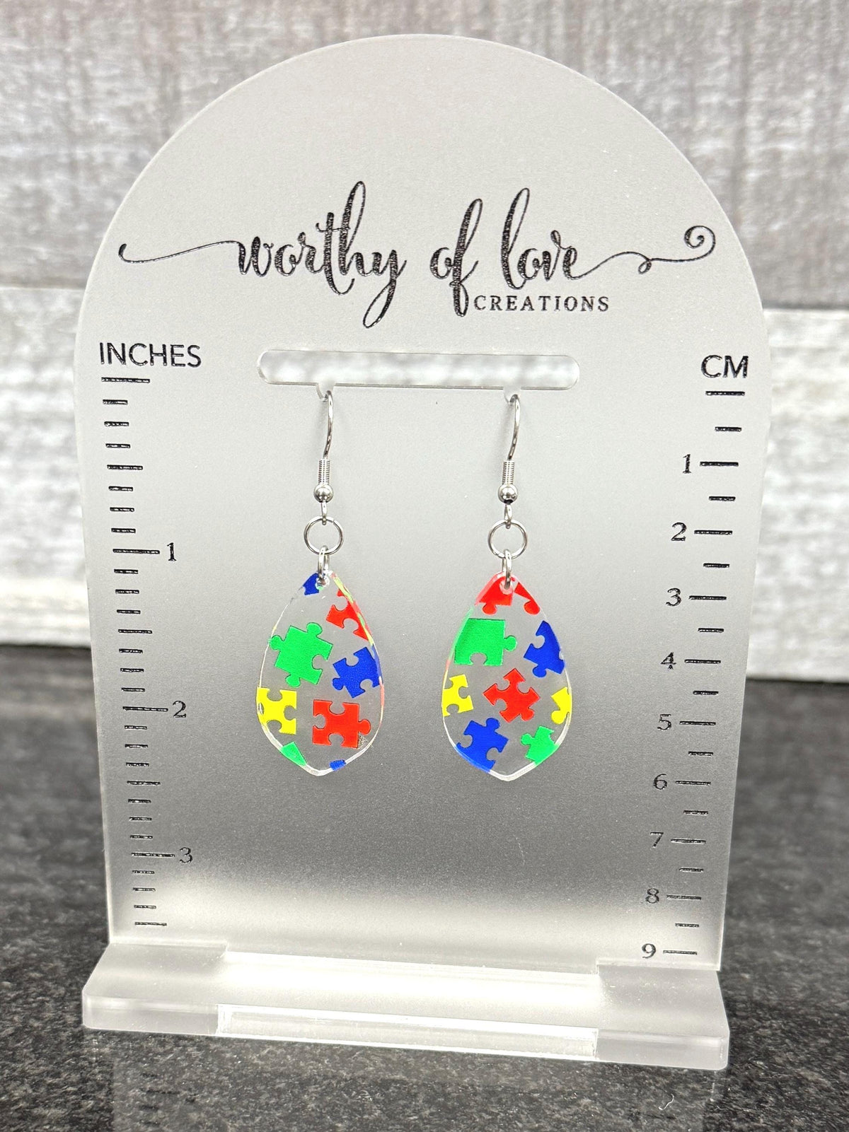 Autism Awareness Puzzle Print Earrings: Acrylic & Stainless Steel
