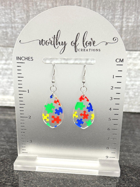 Autism Awareness Puzzle Print Earrings: Acrylic & Stainless Steel